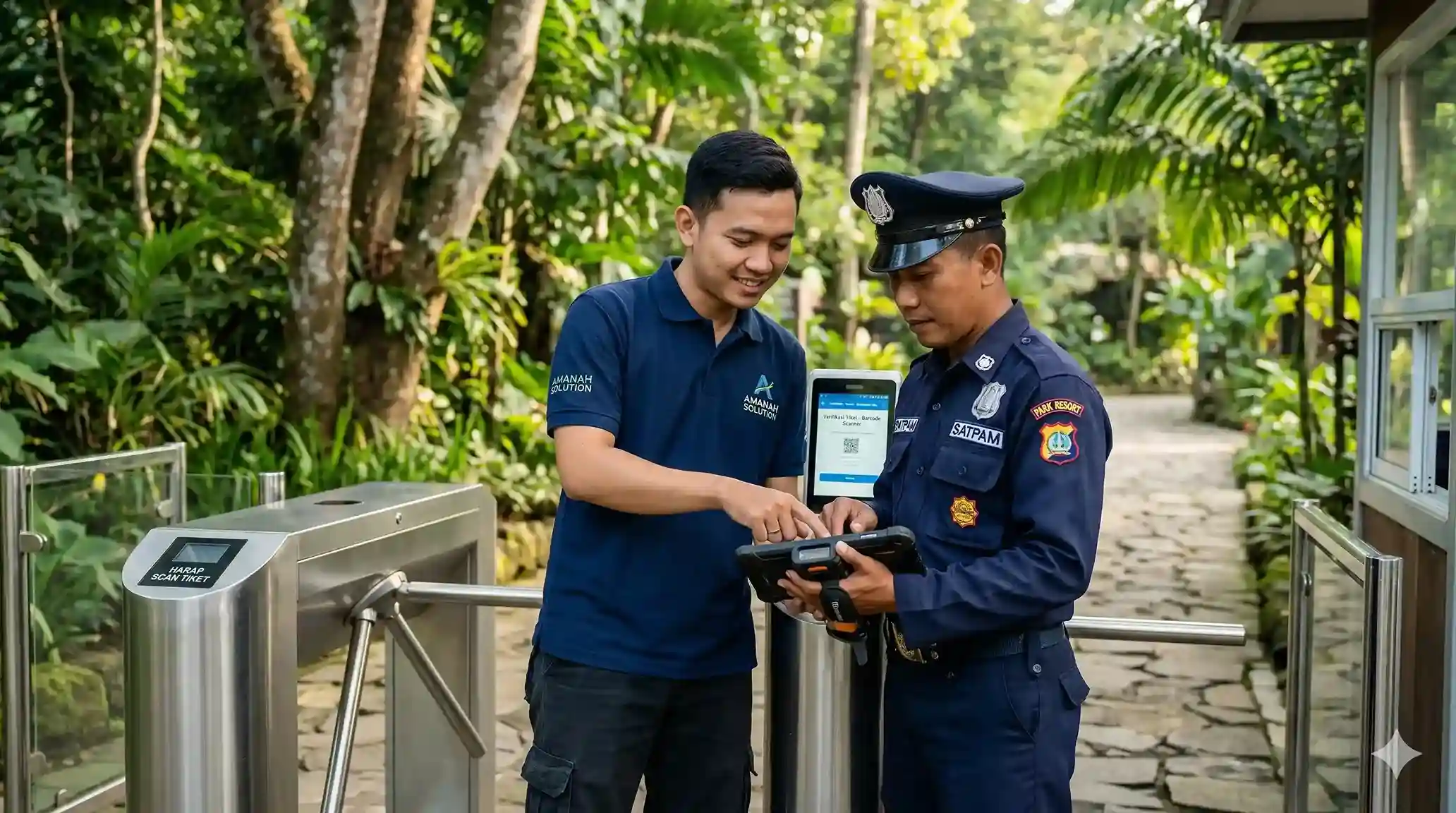 Teknisi ahli Amanah Solution memberikan arahan teknis kepada petugas penjaga palang pintu masuk wisata