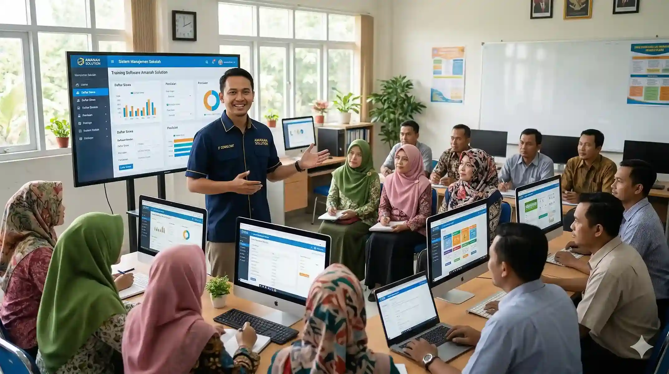 Tim teknis Amanah Solution mendampingi staf tata usaha dalam pengoperasian aplikasi pendaftaran